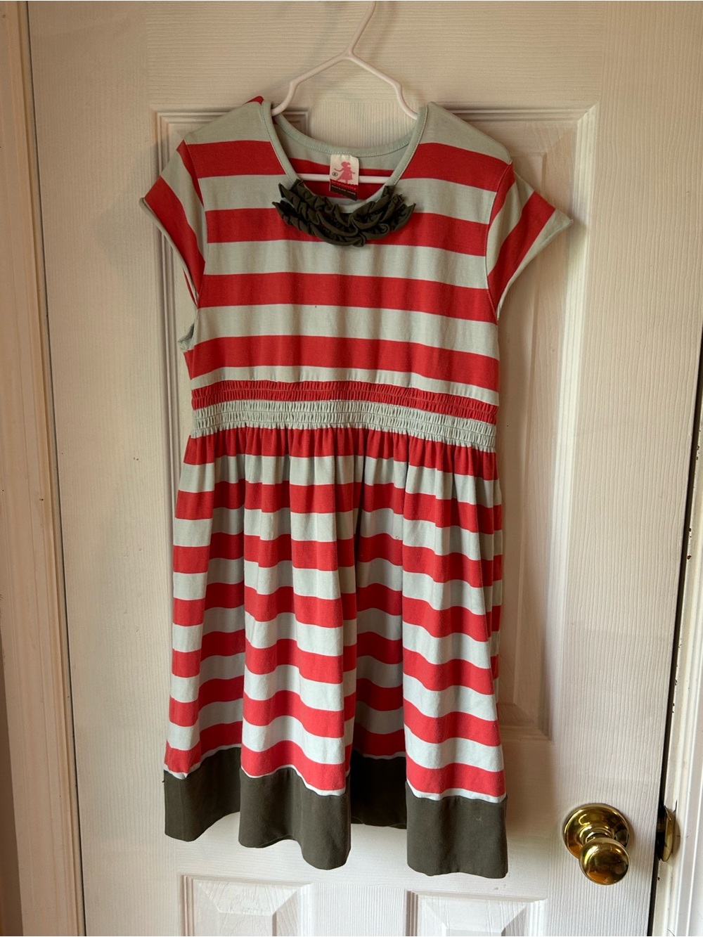 Matilda Jane Serendipity Red and Mint Striped Dress with Brown Trim